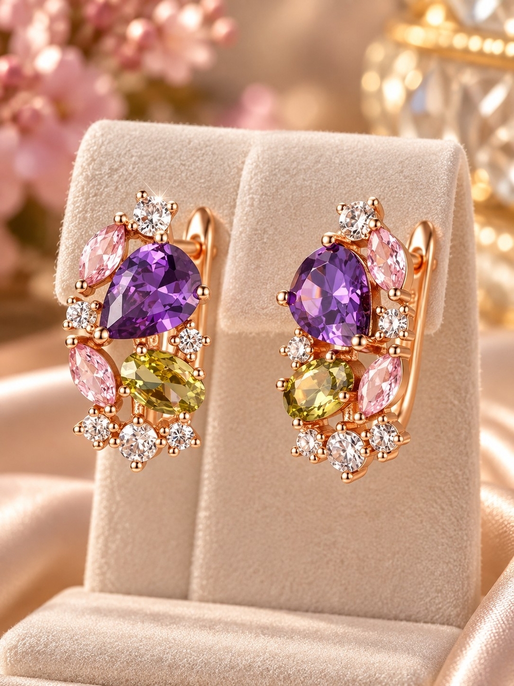 Gold-Tone Multi-Gem Teardrop Earrings in Purple, Pink & Green - Picture 3 of 4
